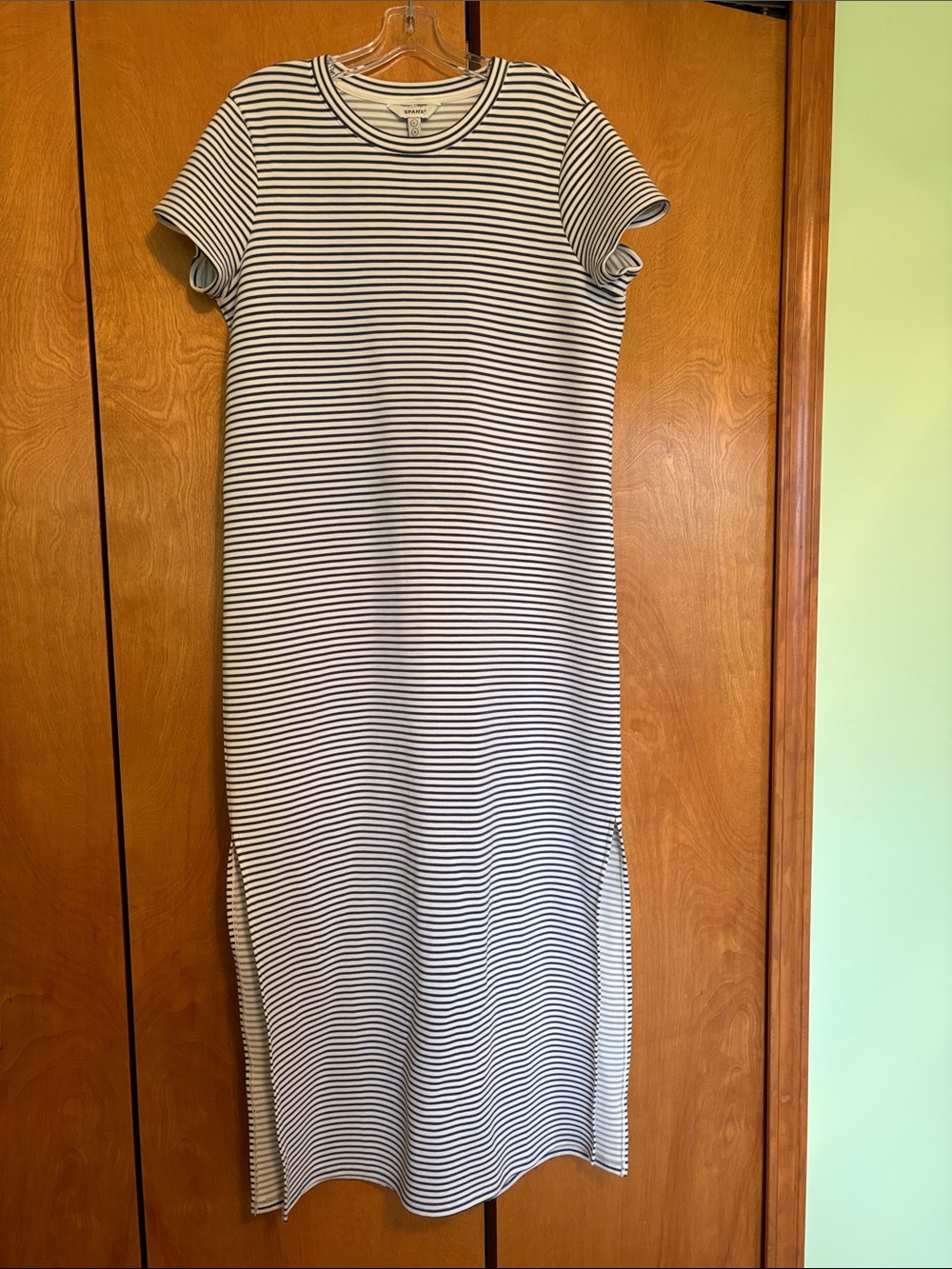 Spanx Navy and White Striped Short-Sleeve Midi Dress